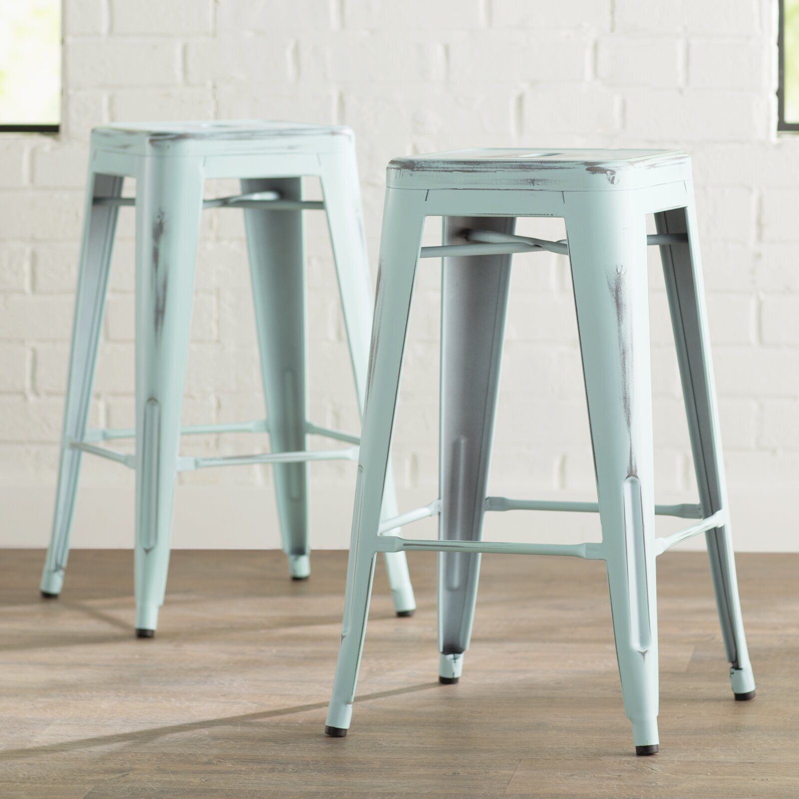 Vintage industrial turquoise metal bar stools