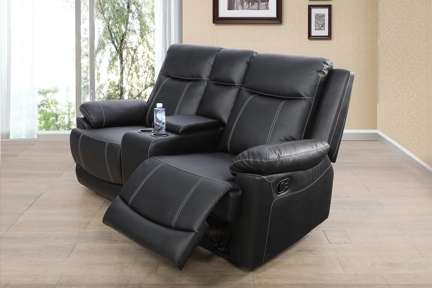 Visible Stitching Reclining Loveseat with Cup Holders