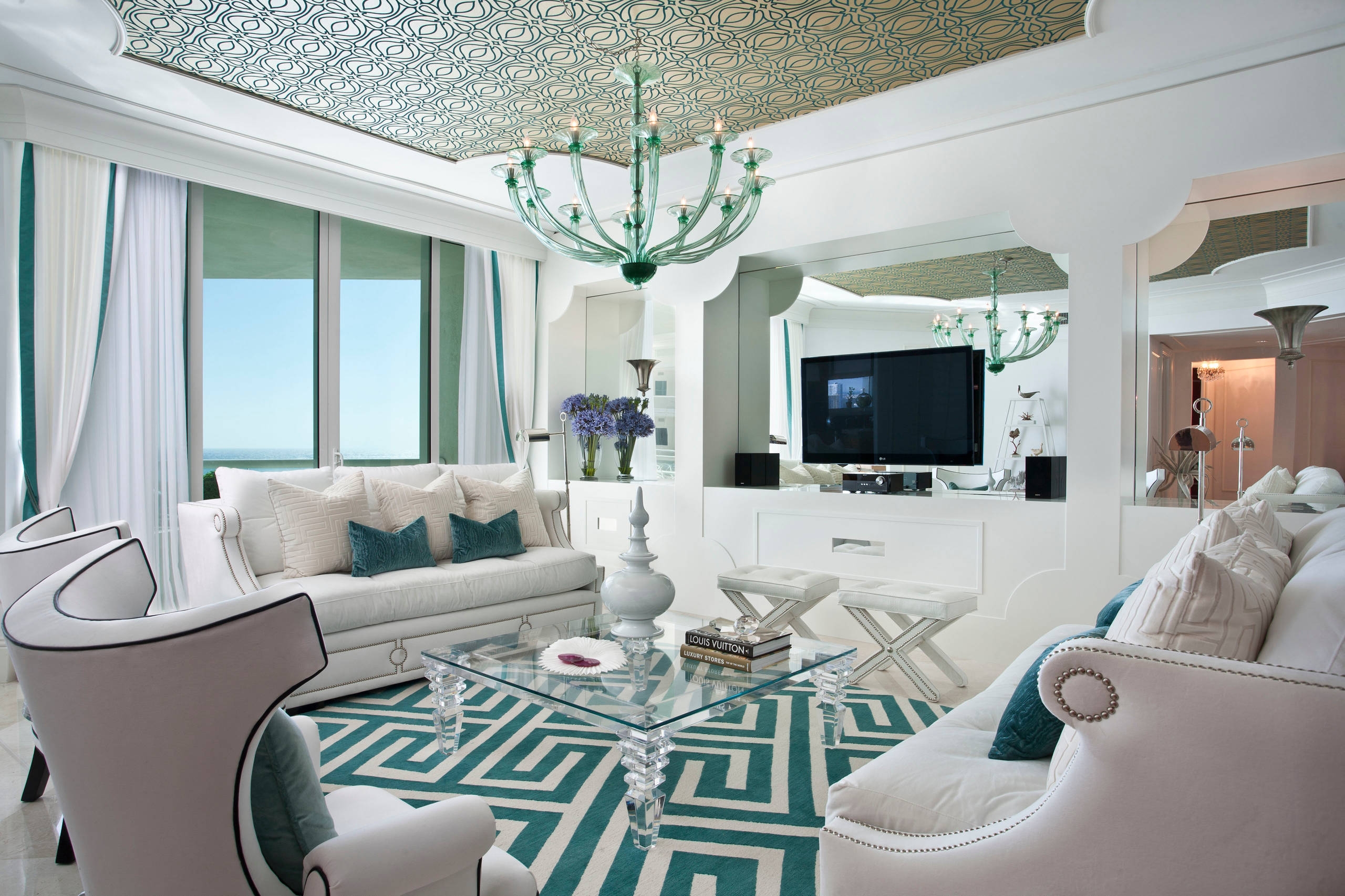 White and teal living room decor