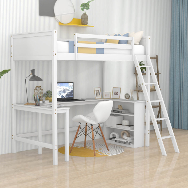 White Full Size Loft Bed with Desk