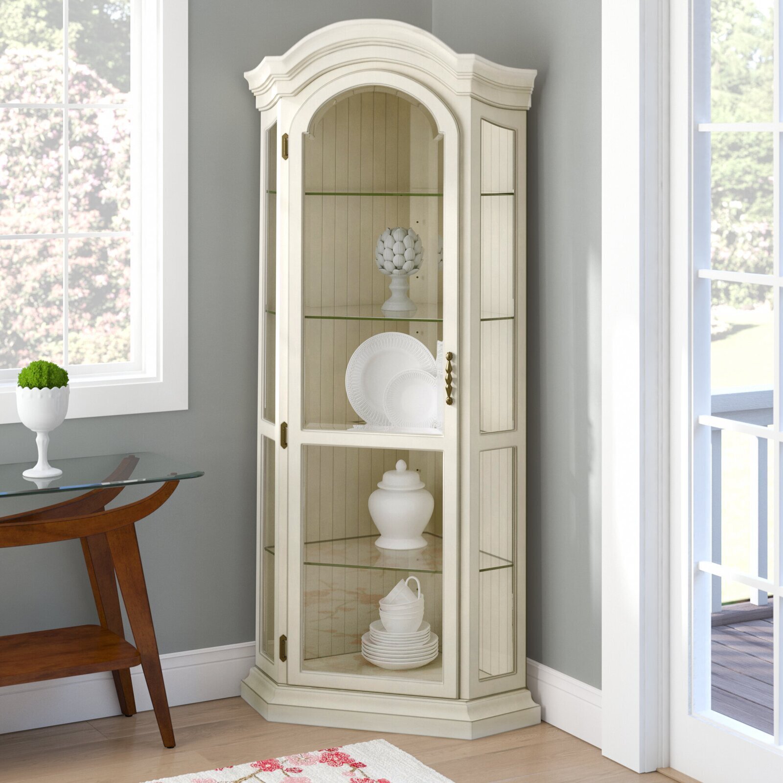 White Glass Front Corner Cabinet