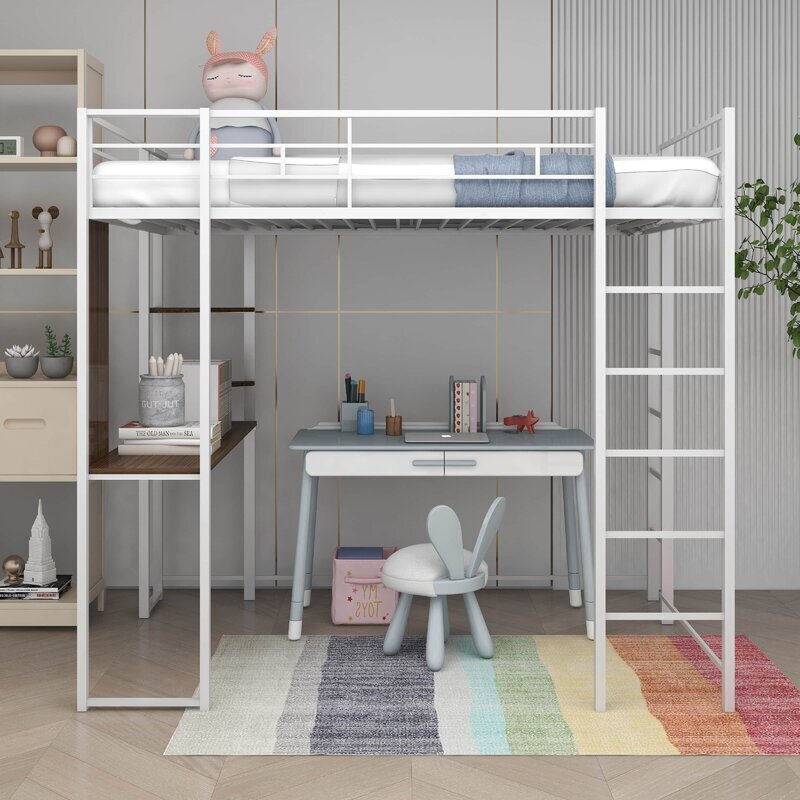 White Steel Frame Loft Bed with Desk