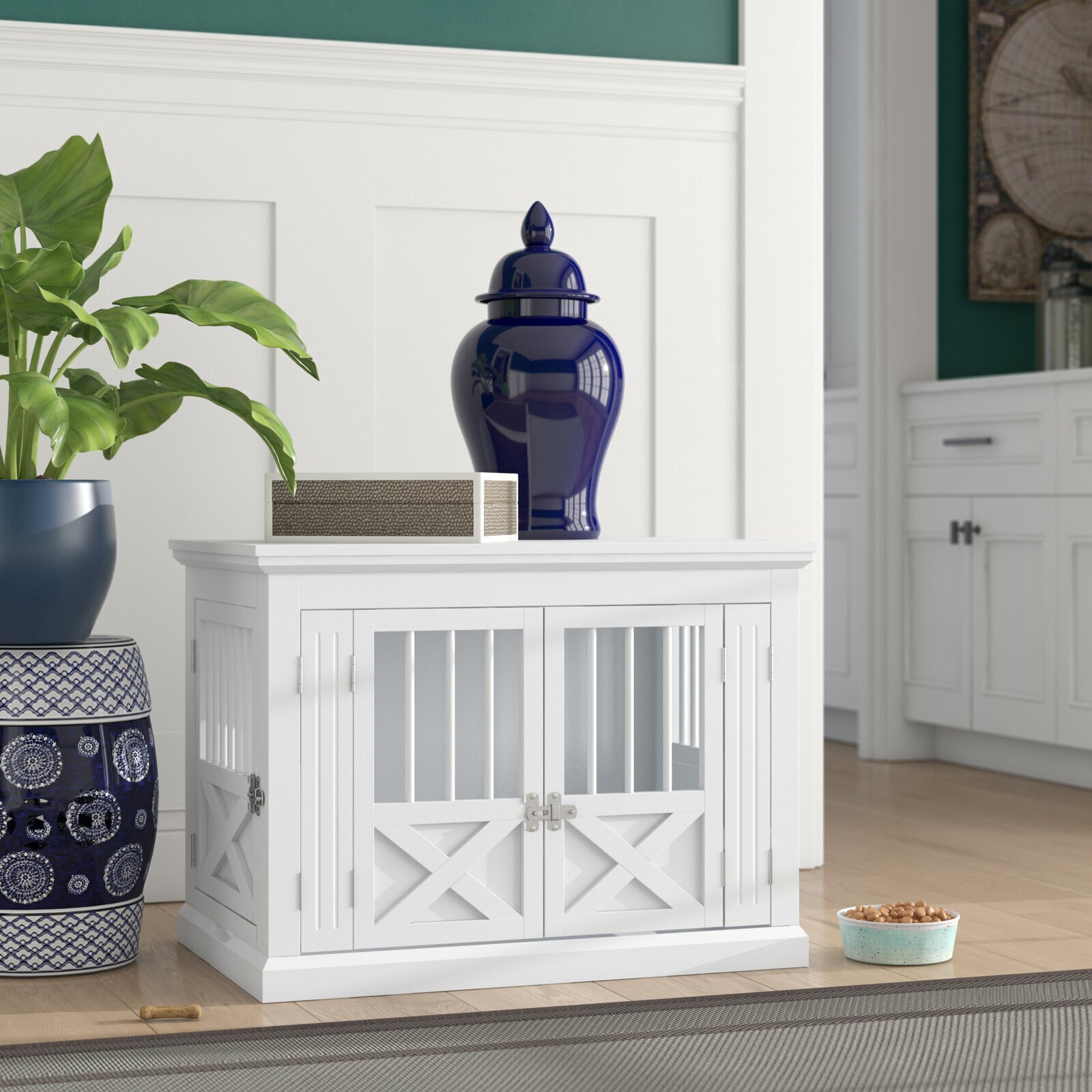 White Triple Door Farmhouse Style Dog Crate 