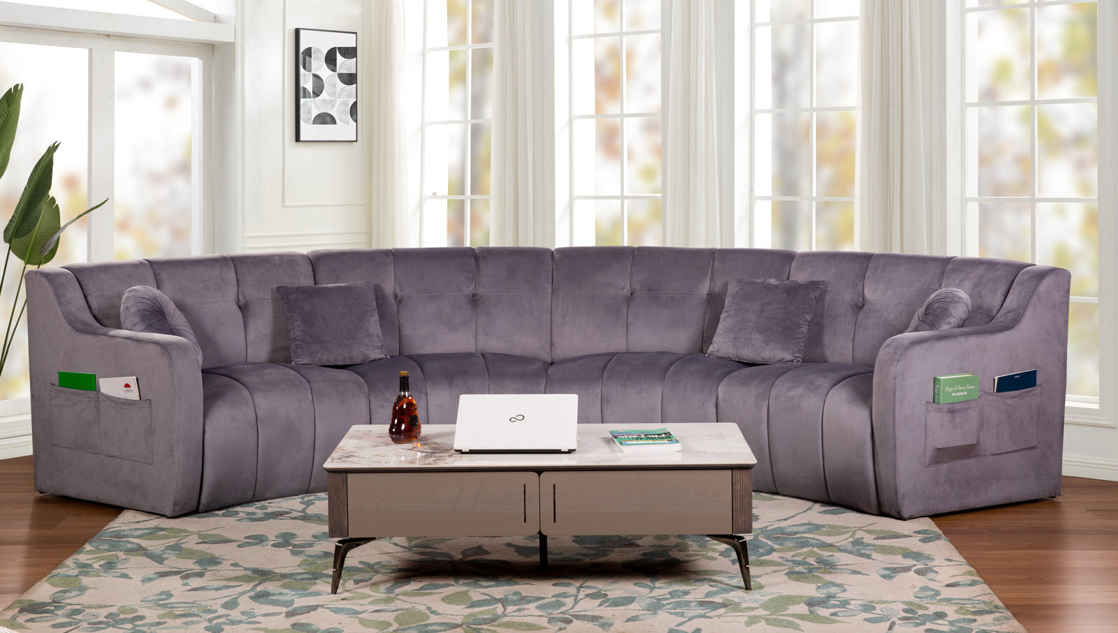 Wide Velvet Symmetrical Modular Corner Sectional with Storage