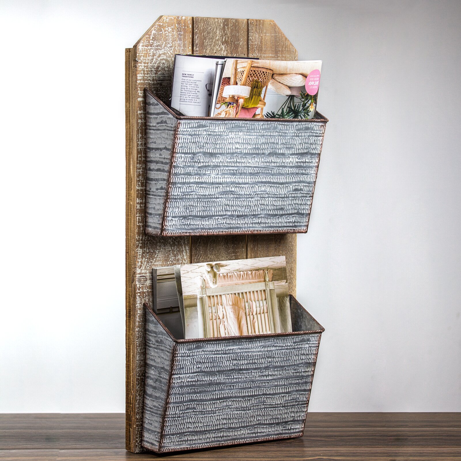 Wood and Metal Wall Magazine Rack 