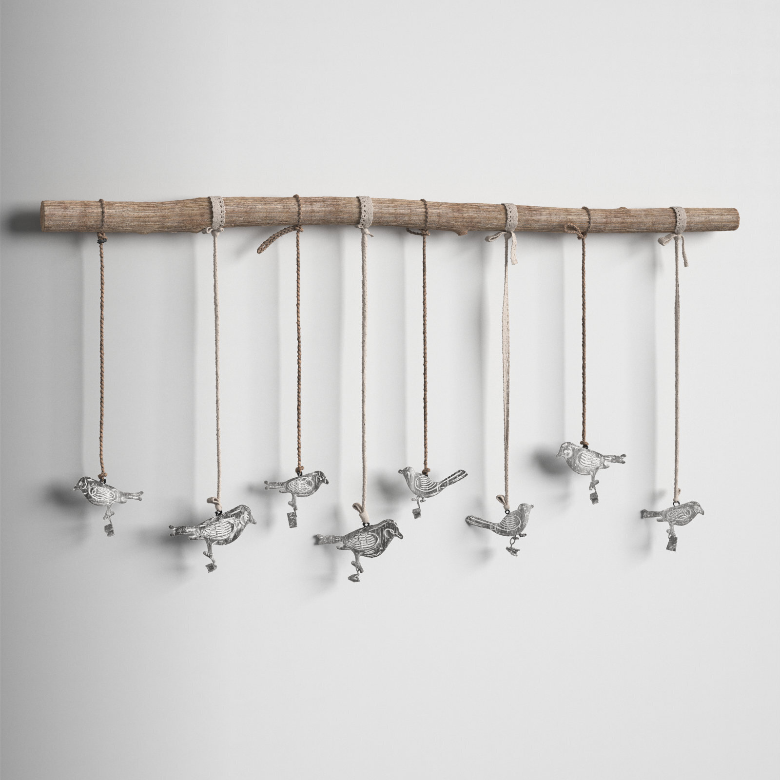 Wooden Branch With Metal Birds Wall Decor