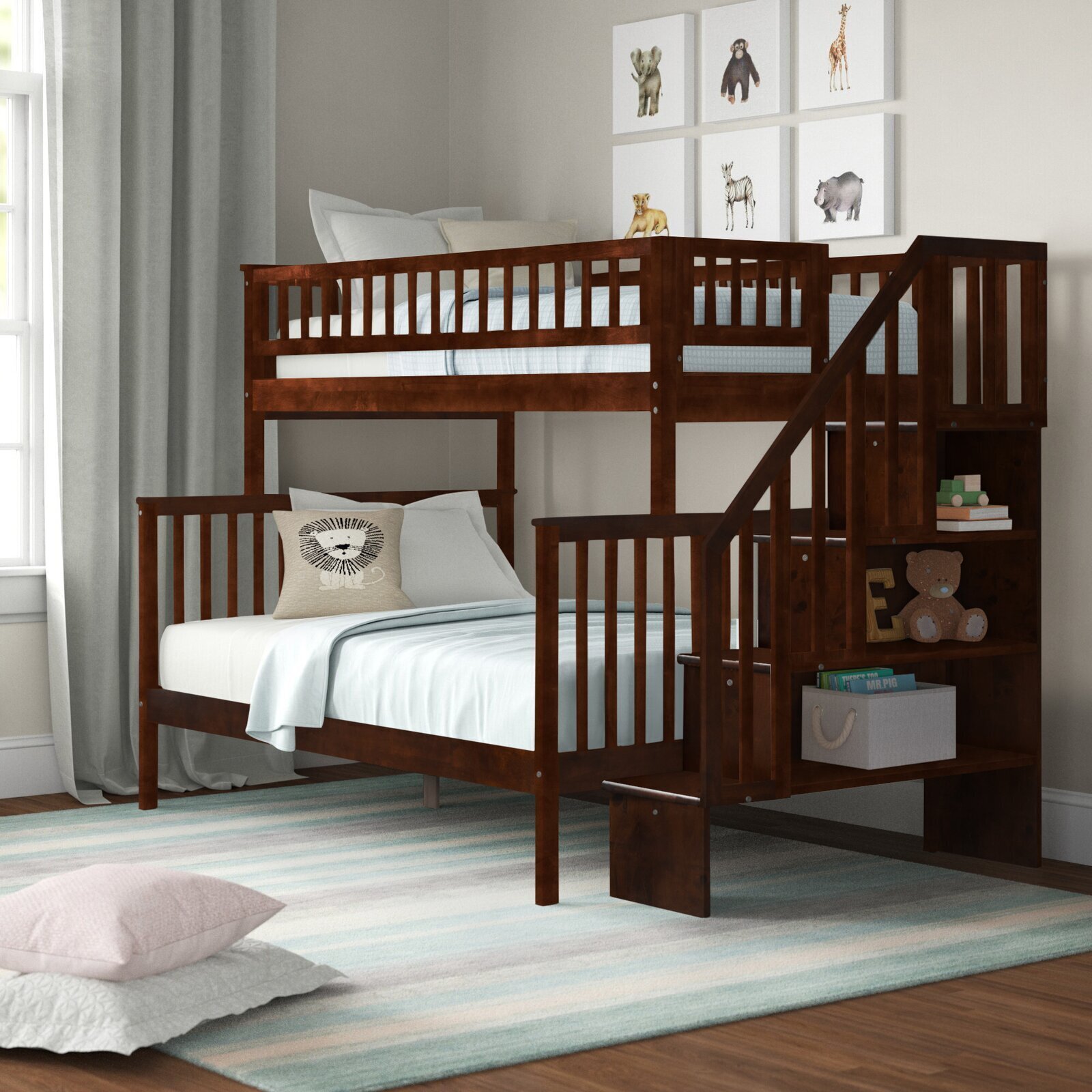 Wooden Bunk Bed with Bookcase
