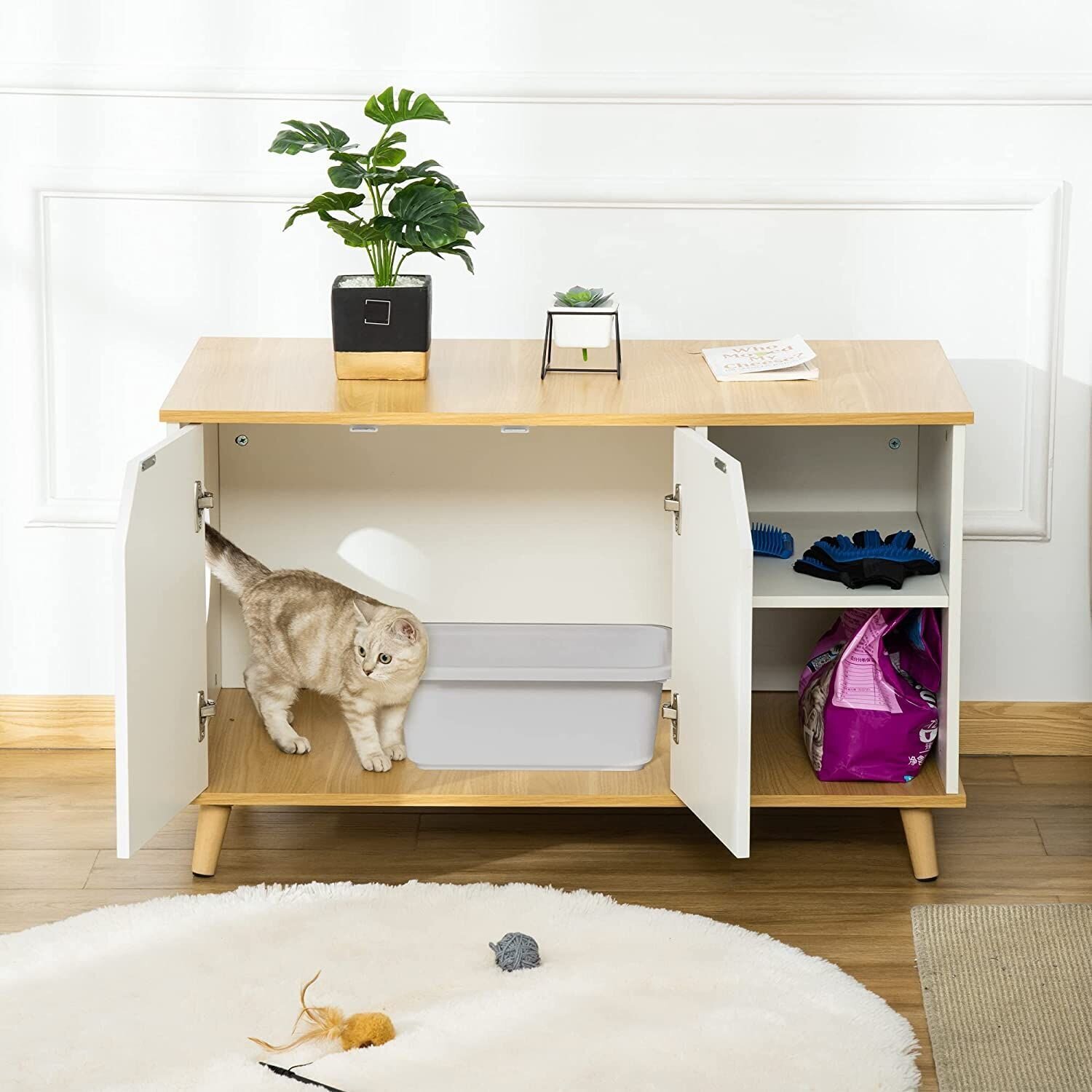 Wooden Cat Litter Box with Storage