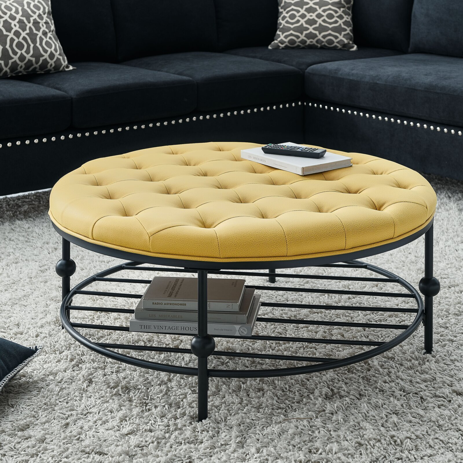 Yellow ottoman with a shelf