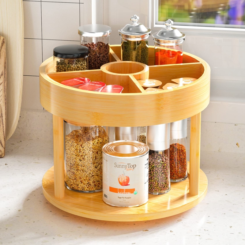 2-Tier Adjustable Bamboo Lazy Susan Spice Rack