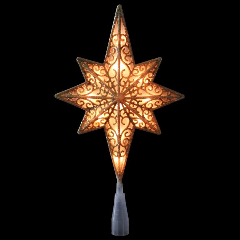 10" Lighted Gold Frosted Star of Bethlehem with Scrolling Christmas Tree Topper - Clear Lights