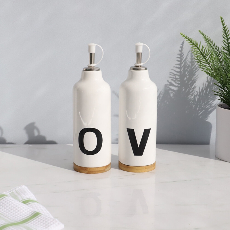 Ceramic Oil and Vinegar Dispenser Set with Bamboo Accents