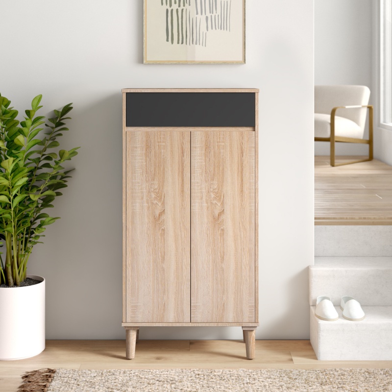 10 Pairs Oak/Gray Manufactured Wood Shoe Storage Cabinet