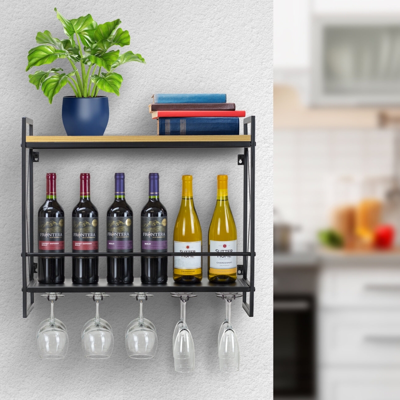 Floating 2-Tier Wine Shelf with Stemware Rack