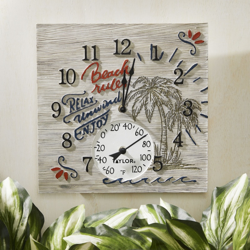 14" X14" Beach Rules Clock With Thermometer