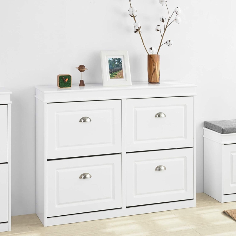 Slim Shoe Cabinet with Flip-Drawers and Storage Shelf