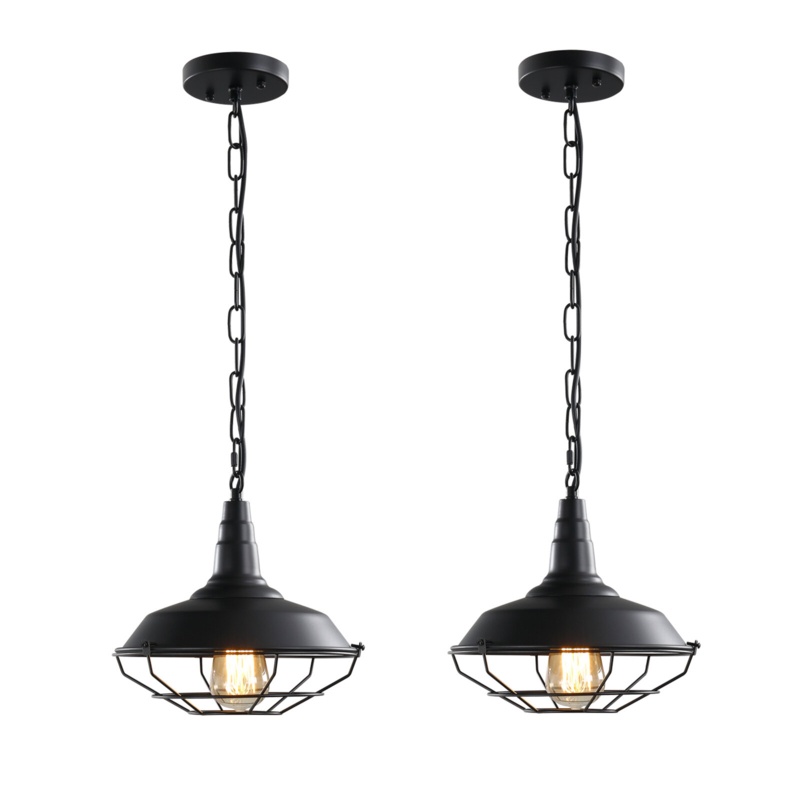 2 Pack Farmhouse Pendant Light Fixtures, Black Industrial Chandelier Vintage Rustic Metal Cage Hanging Lamp For Barn Kitchen Hallway Dining Room