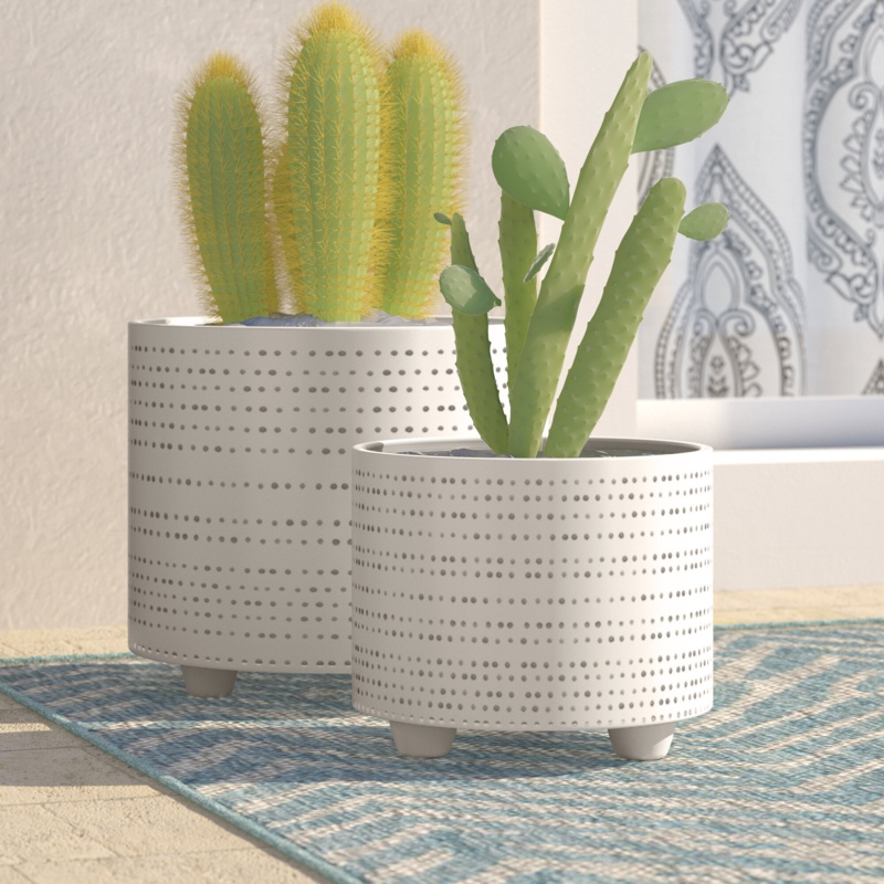 2 Piece Dotted Ceramic Footed Planters for Indoor Use, Beige Set
