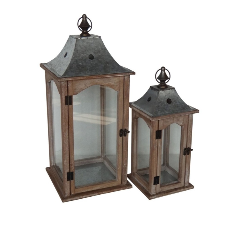 2 Piece Wood Tabletop Lantern Set