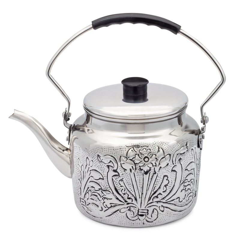 2 Qt “art Nouveau” Embossed Tea Kettle W/ Bakelite Handle/knob, Stainless Steel