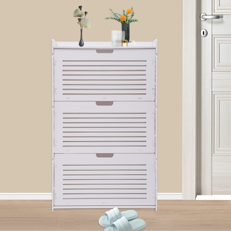 Flip-Up White Shoe Cabinet with Shelf