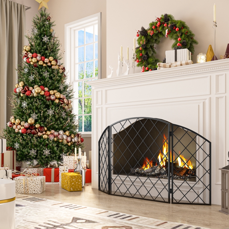 3-Panel Arched Black Fireplace Screen