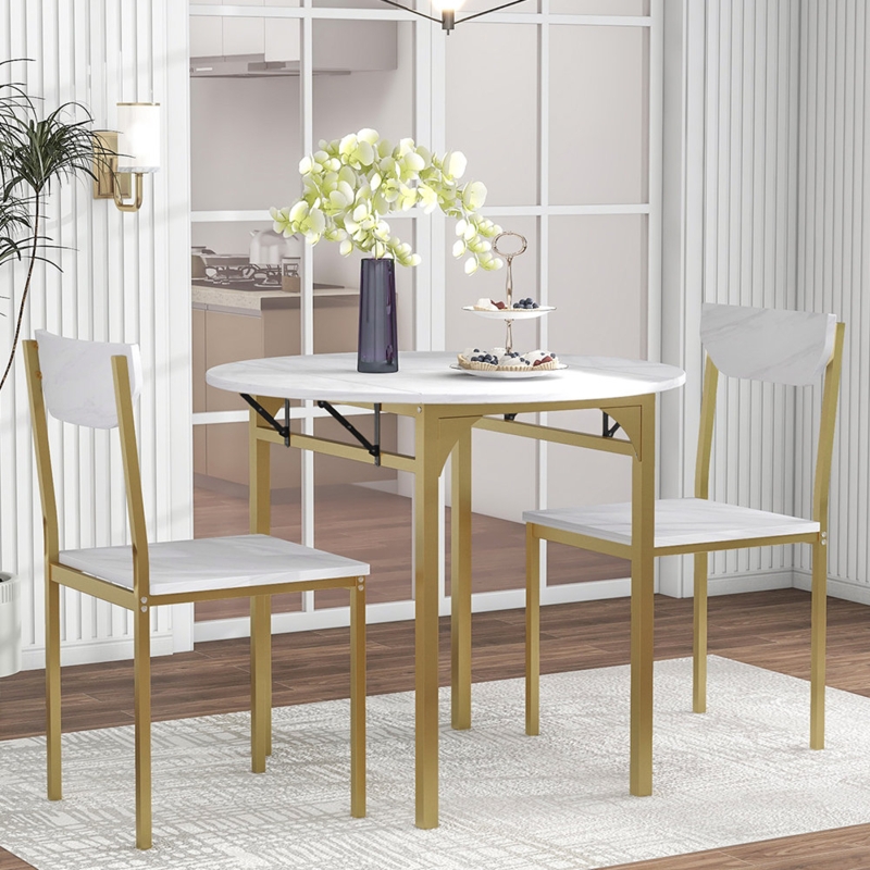 Foldable 3-Piece Dining Table Set with Faux Granite Top