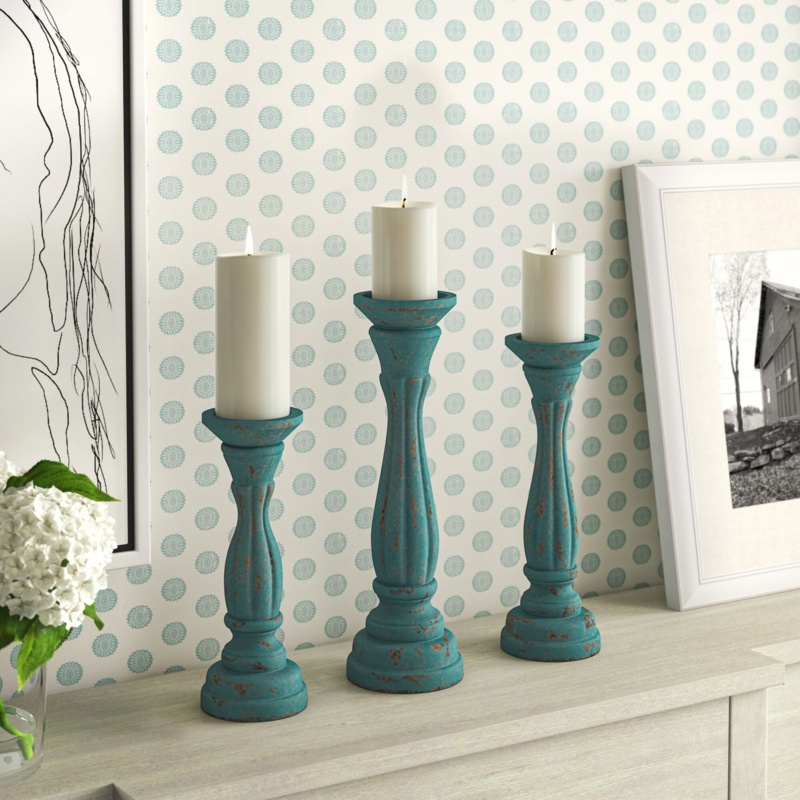 3 Piece Wood Tabletop Candlestick Set