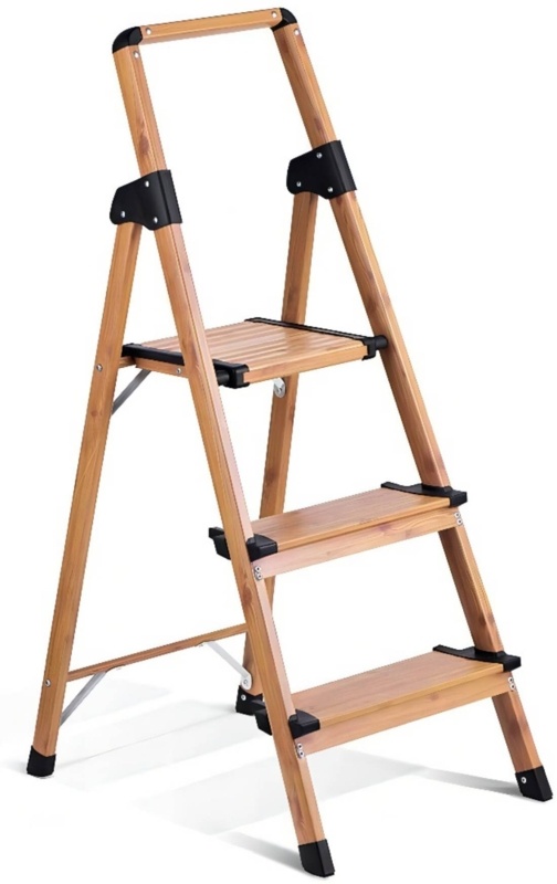 3 Step Ladder Aluminum Woodgrain Lightweight Ladder Ultra Slim Folding Step Stool Stepladder Wide Pedal And Anti-Slip Rubber Feet Portable Ladder For Home And Kitchen