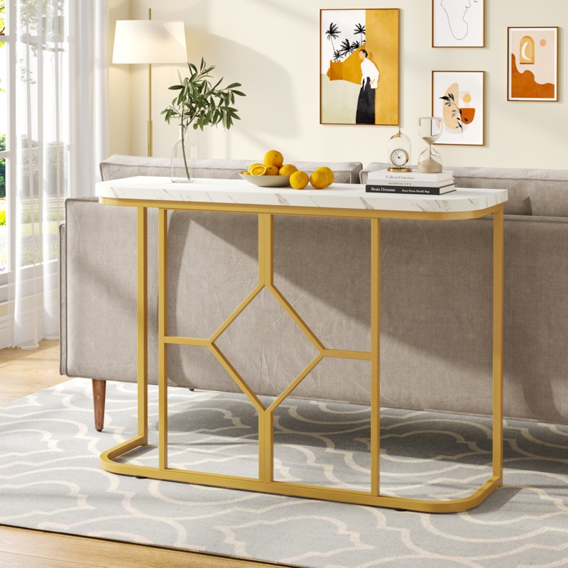 Faux Marble Console Table with Gold Metal Frame