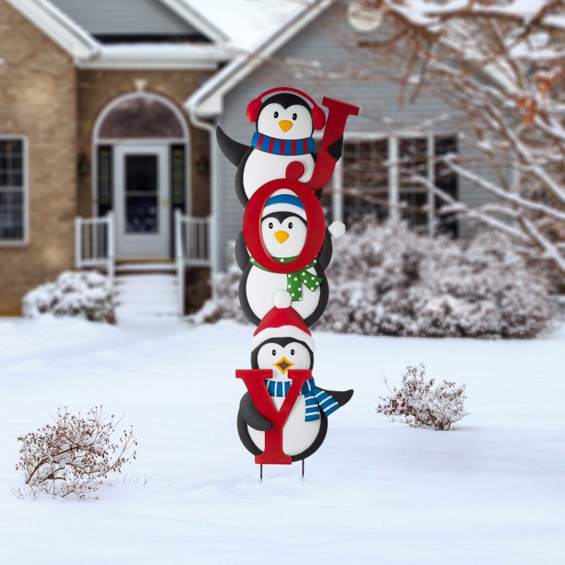 42"H Metal Christmas JOY Penguin Yard Stake or Wall Decor