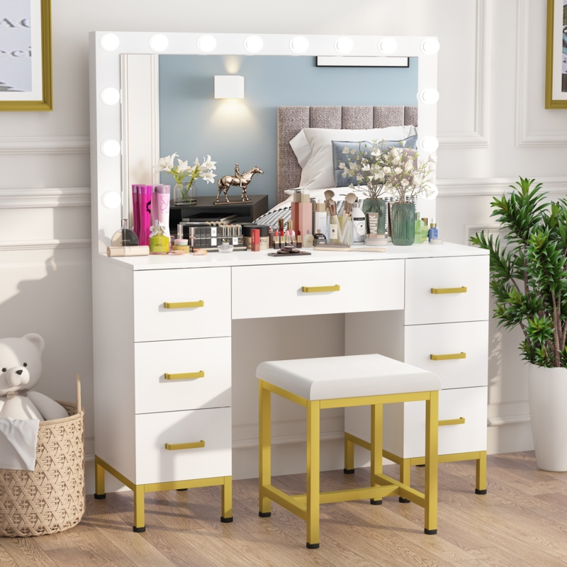 Makeup Vanity with Oversized LED Mirror and Stool