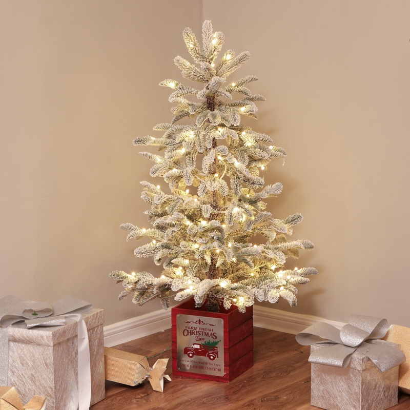 Snowy Artificial Fir Tree with Lights and Wood Pot