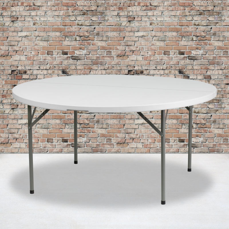 60" Round Plastic Folding Table with Granite White Surface and Locking Legs