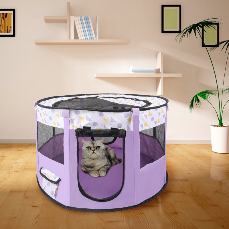 Portable Pet Playpen with Mesh Roof and Storage