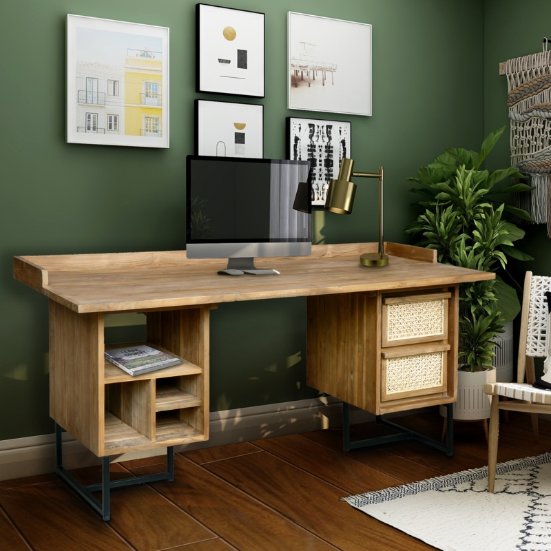Handwoven Cane and Teak Writing Desk