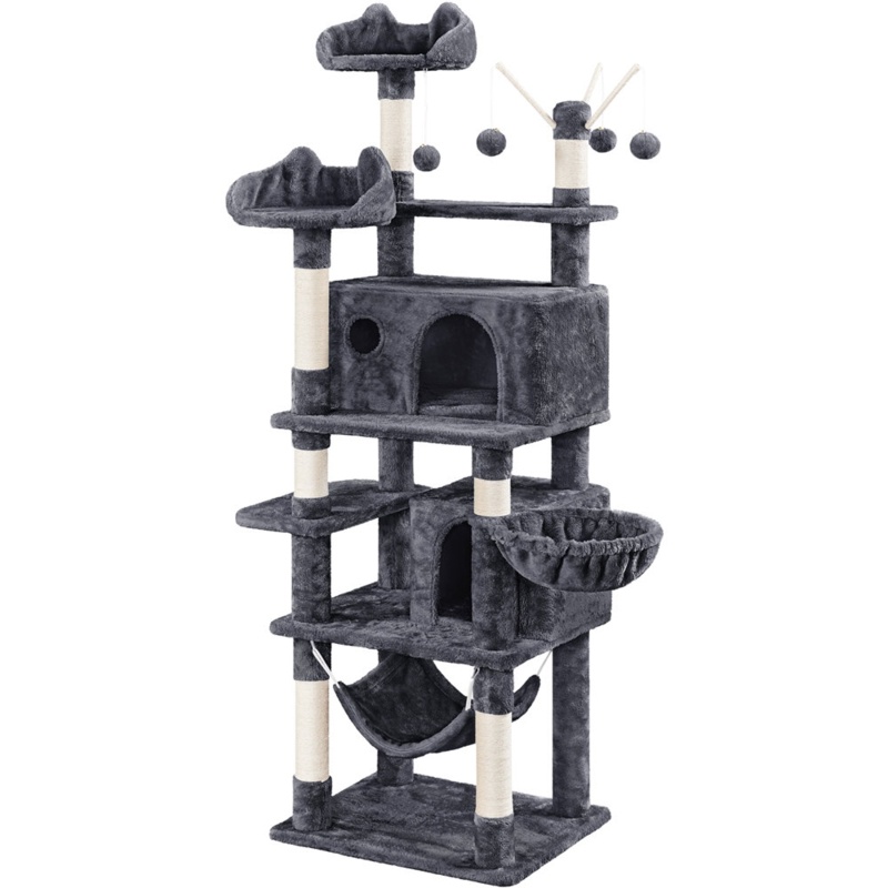 67" H Multi-Level Cat Tree Tower with 2 Cat Condos & Hammock Basket