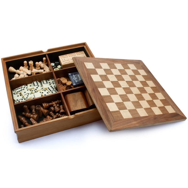 7-In-1 Wooden Chess, Checkers, Backgammon, Dominoes, Playing Cards, Poker Dice, Cribbage Board Game Combo Set