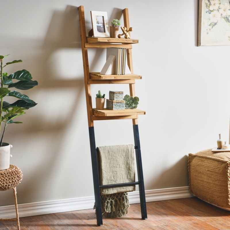 Wooden Ladder with Foldable Shelves