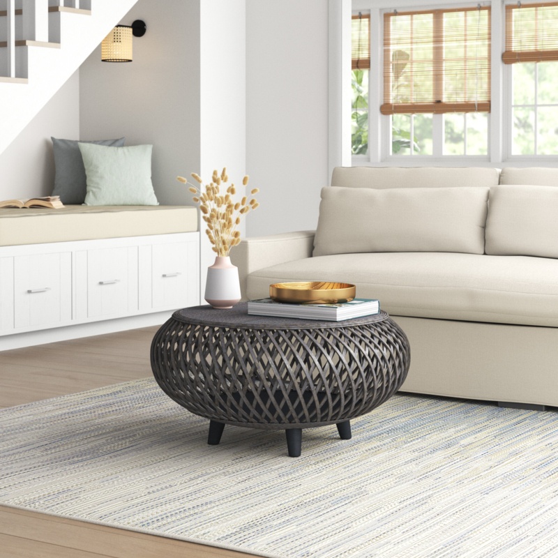 Rattan Wicker Coffee Table with Wooden Legs