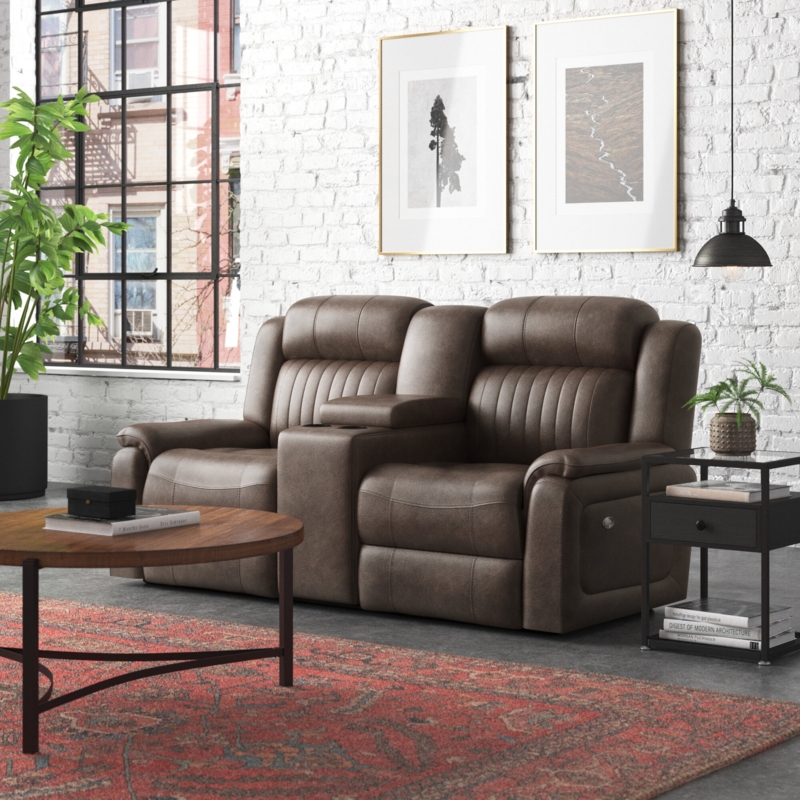 Fabric Upholstered Reclining Loveseat with Console