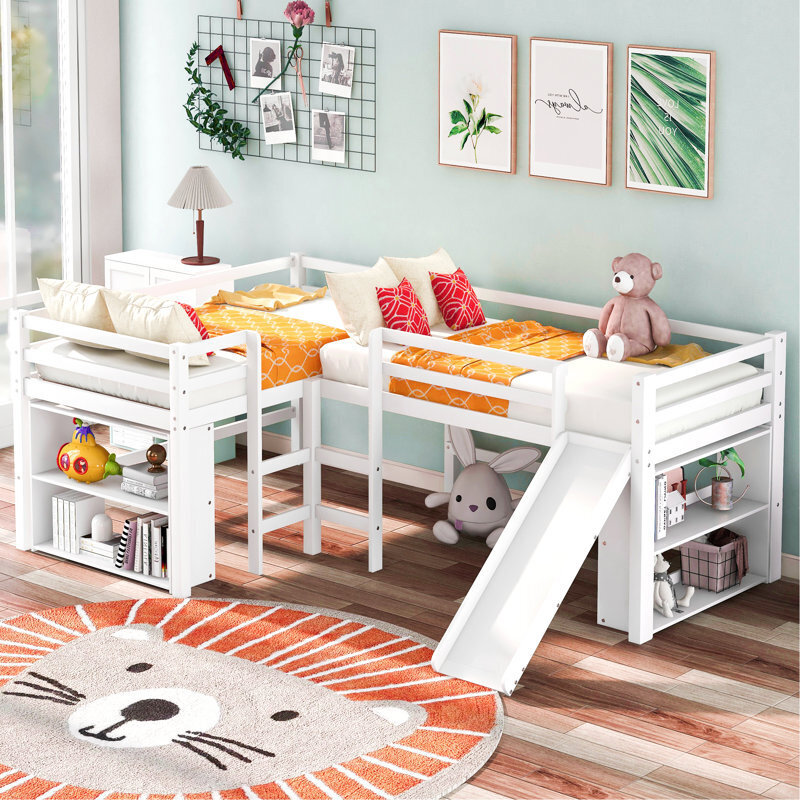 Adorable L shaped loft bunk bed with slide