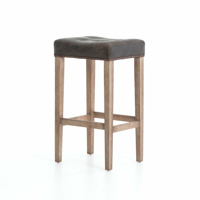 Distressed Antique Black Leather Stool