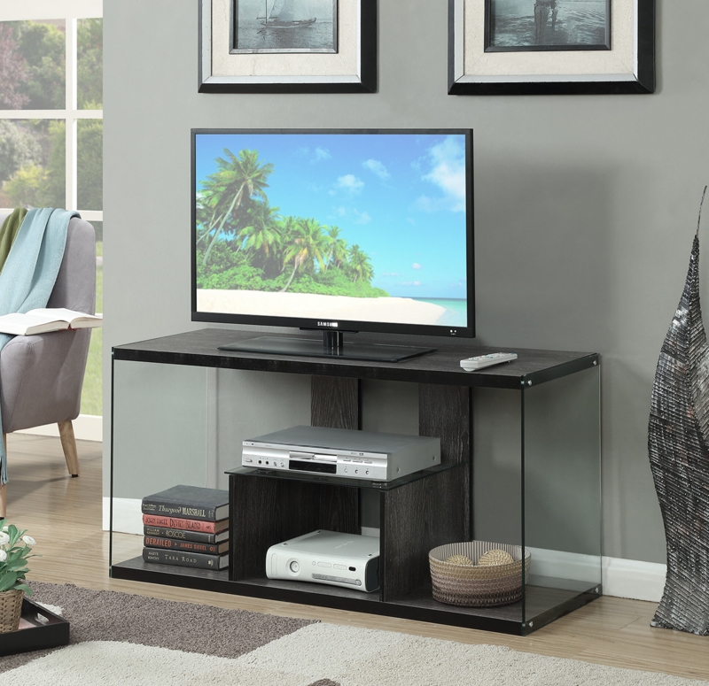 Sleek Wood Grain TV Stand with Glass Shelves