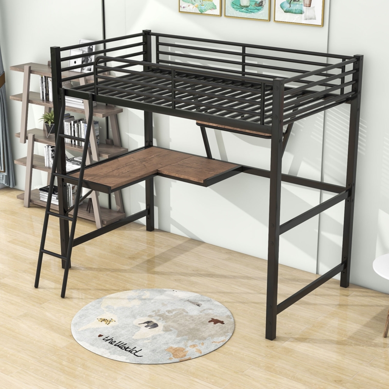 Space-Saving Double Loft Bed with Desk and Bookshelf