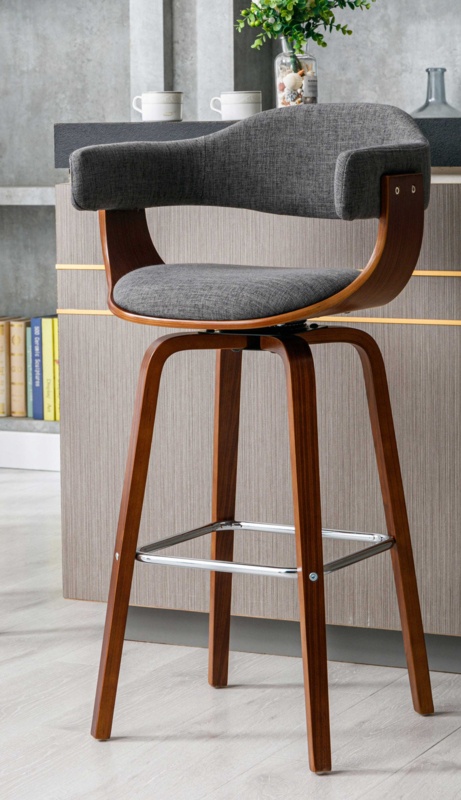 Alminus Swivel Bar Stool, Fabric Upholstery, Walnut Wood Legs