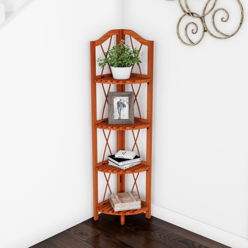 4-Tier Slatted Wooden Corner Bookshelf