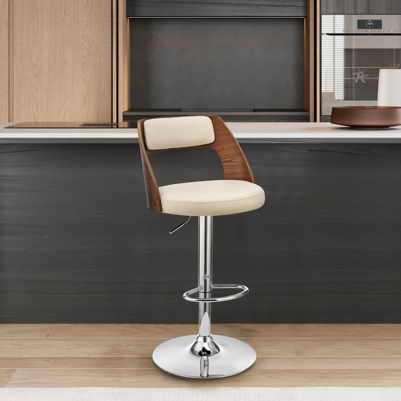 Adjustable Swivel Cream Faux Leather and Walnut Wood Bar Stool