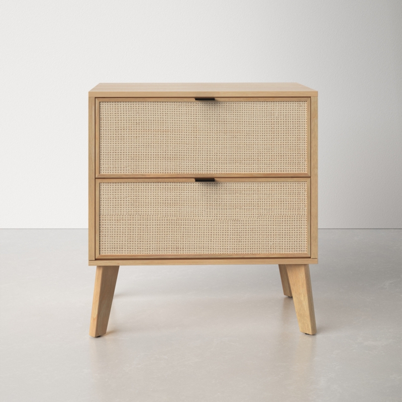 Midcentury 2-Drawer Nightstand with Rattan Amani Fronts