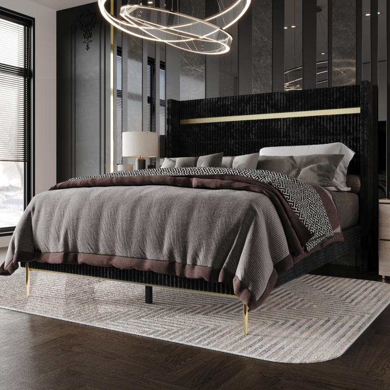 Velvet Upholstered Wingback Bed Frame